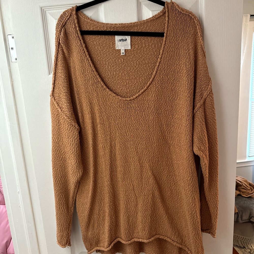 Aerie V-Neck Sweater in Warm Tan
